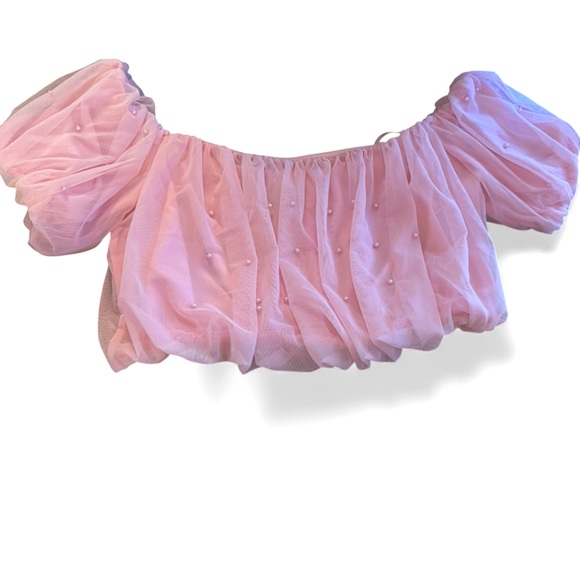 Pink Off-Shoulder Pearl Crop Top –Romantic Blouse (XS/S) - Picture 3 of 3